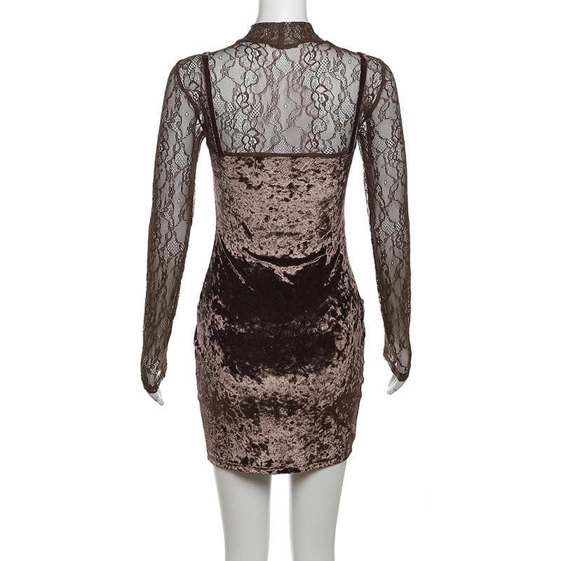 Mock Neck Lace Sleeve Velvet Panel Corset Bodice Mini Dress