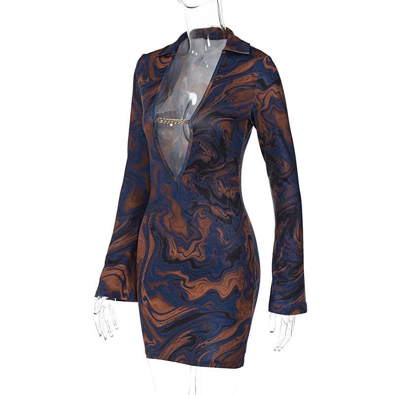 Pointed Collar Plunging V Neck Chain Link Marble Print Bodycon Mini Dress
