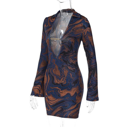 Pointed Collar Plunging V Neck Chain Link Marble Print Bodycon Mini Dress