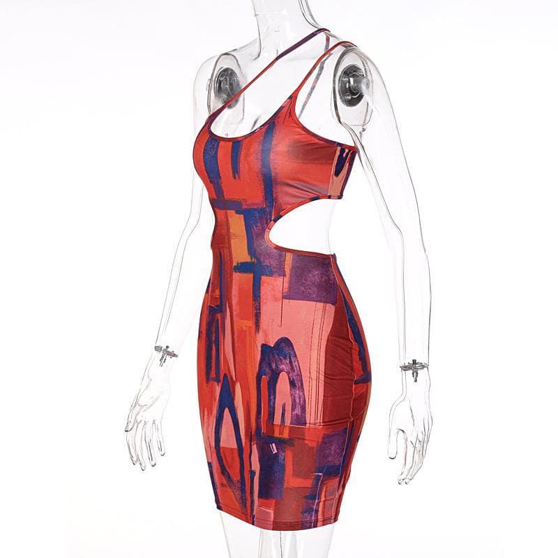 Abstract Painterly Print One Shoulder Waist Cutout Bodycon Mini Dress