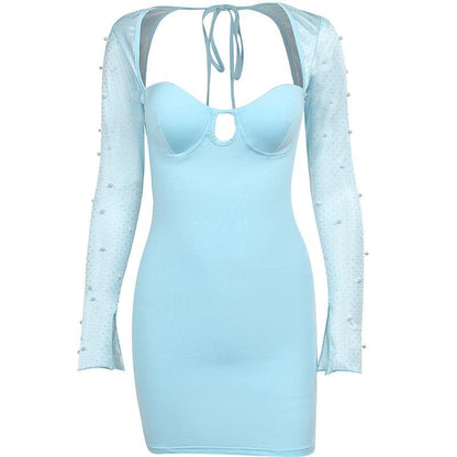 Hollow Out Beaded Mesh Sleeve Sweetheart Keyhole Ruched Zip Mini Dress