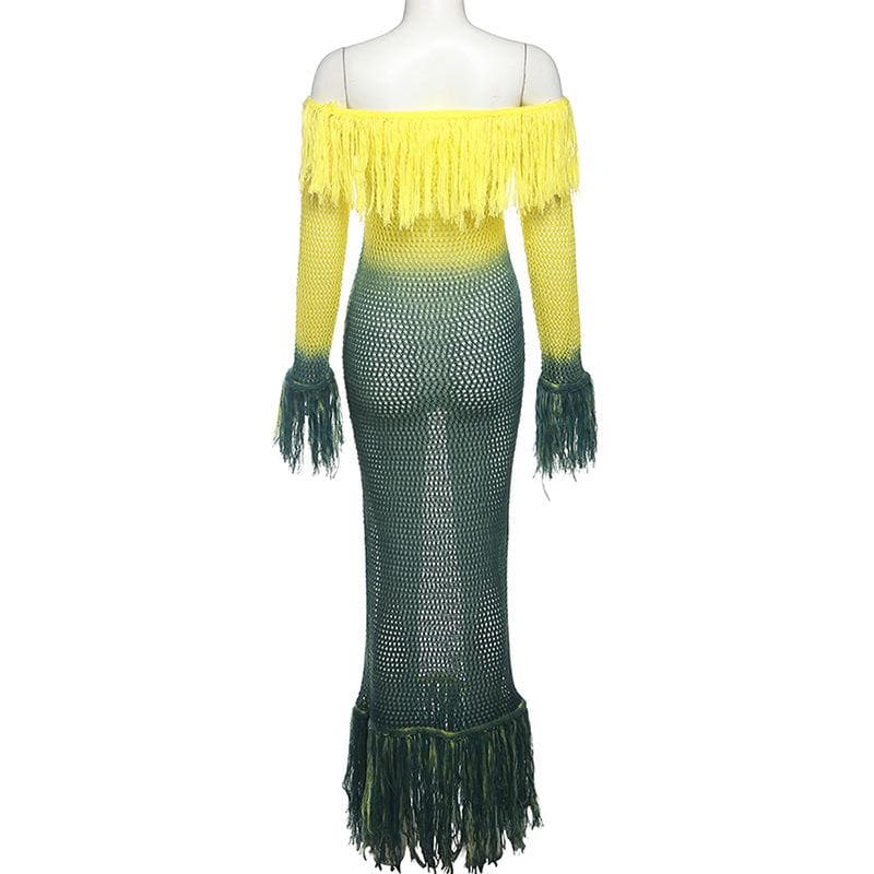 Crochet Off Shoulder Long Sleeve Fringe Trim Maxi Dress