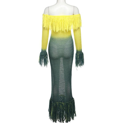 Crochet Off Shoulder Long Sleeve Fringe Trim Maxi Dress