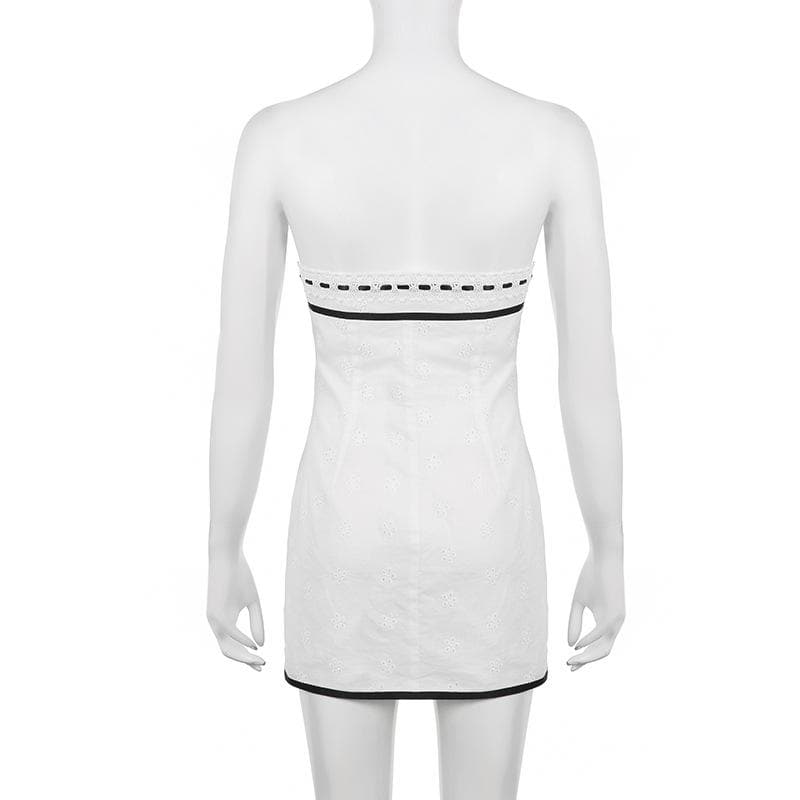 Eyelet Strapless Contrast Bow Trim Tube Mini Dress