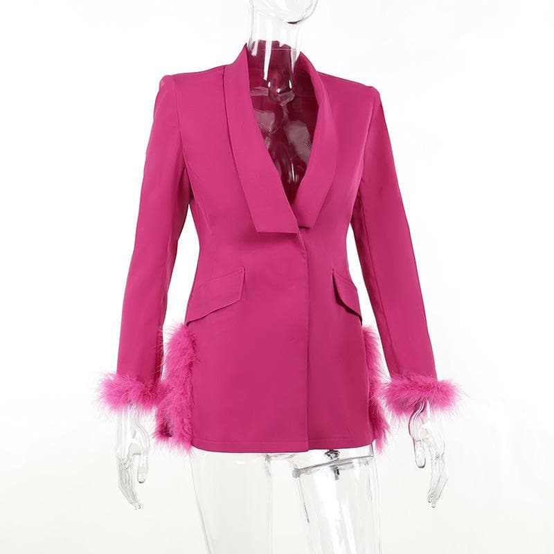 Shawl Collar Feather Trim Longline Blazer Coat