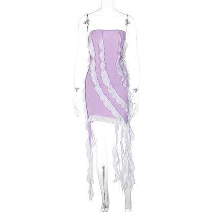Strapless Contrast Ruffle Column Handkerchief Hem Tube Mini Dress