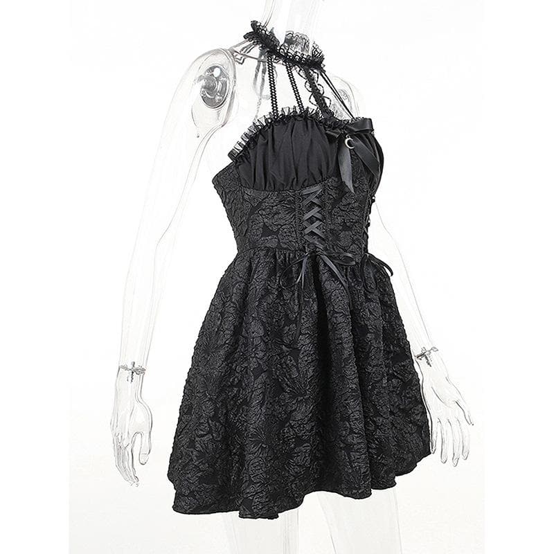 Halter Jacquard Lace Up Milkmaid Collar Crescent Charm Mini Dress