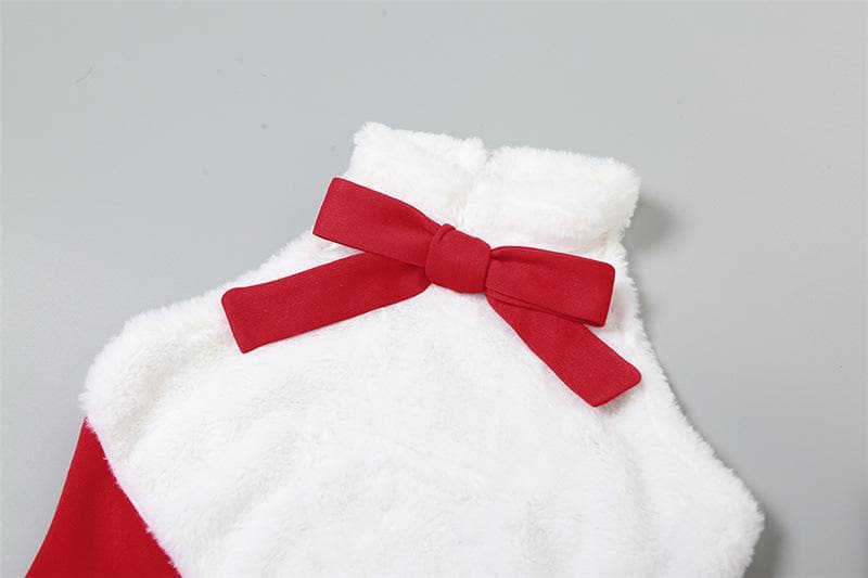 Faux Fur Collar Ribbon Bow Sleeveless Arm Warmer Mini Dress