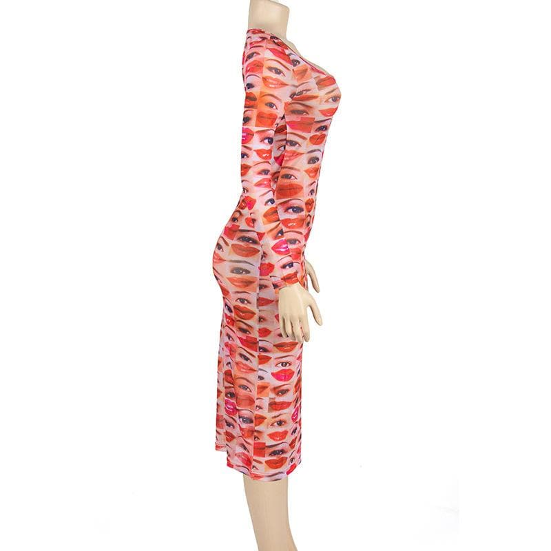Scoop Neck Face Collage Graphic Sheer Mesh Long Sleeve Midi Dress