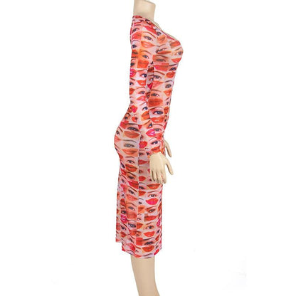 Scoop Neck Face Collage Graphic Sheer Mesh Long Sleeve Midi Dress