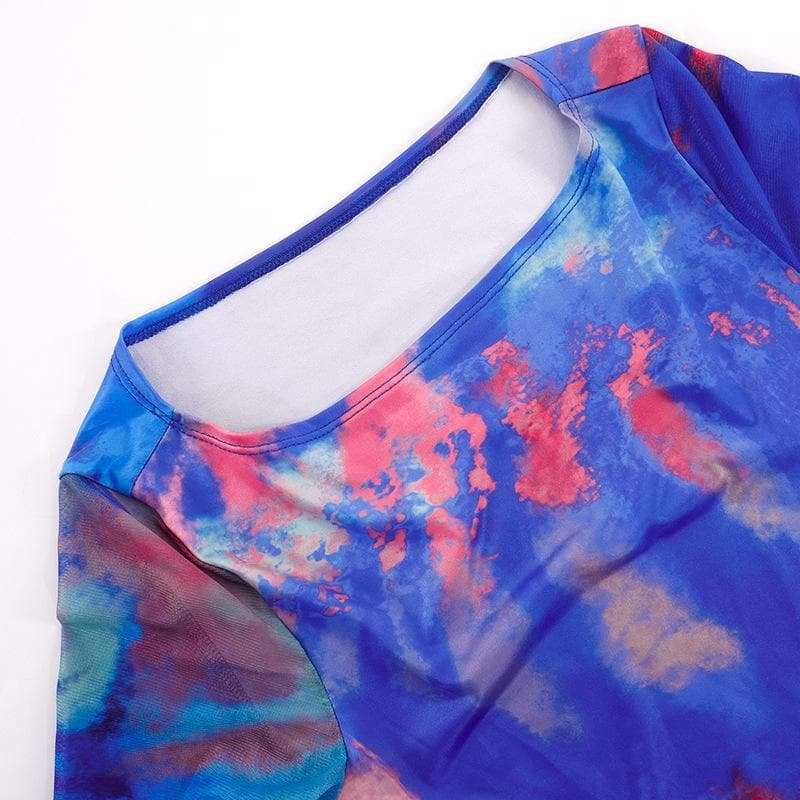 Abstract Watercolor Print Side Cutout Thumbhole Cuff Maxi Dress