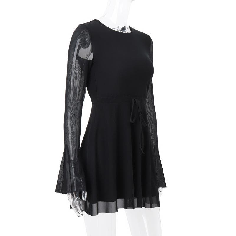 Tie Back Mesh Long Sleeve Bell Cuff Flared Overlay Bodycon Mini Dress