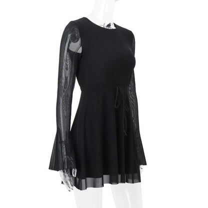 Tie Back Mesh Long Sleeve Bell Cuff Flared Overlay Bodycon Mini Dress