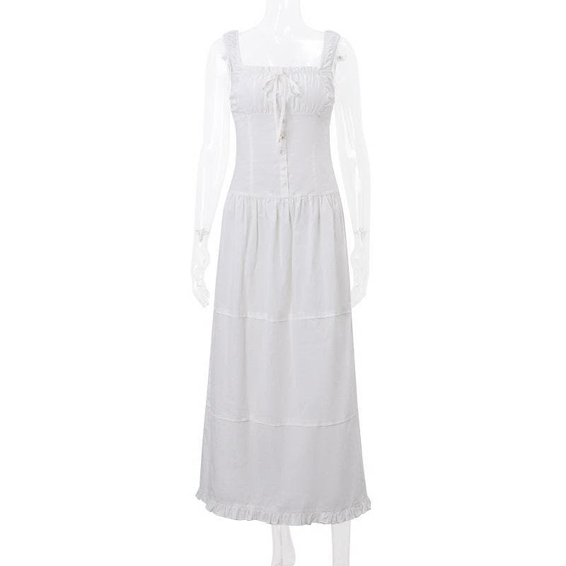 Square Neck Button Front Smocked Ruffle Tiered Milkmaid Maxi Dress