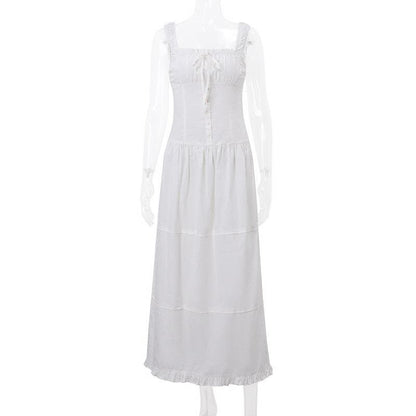 Square Neck Button Front Smocked Ruffle Tiered Milkmaid Maxi Dress