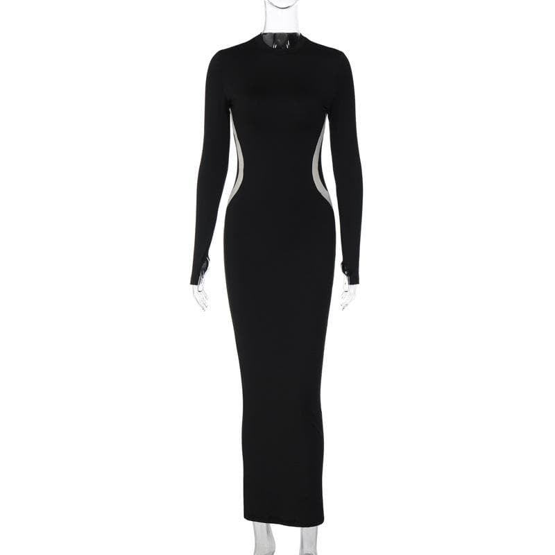 Side Contrast Panel Crew Neck Long Sleeve Bodycon Maxi Dress
