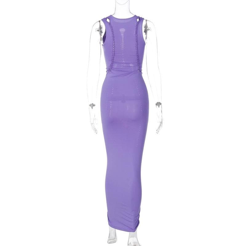 Crewneck Sleeveless Ladder Stitch Cutout Ruched Bodycon Maxi Dress