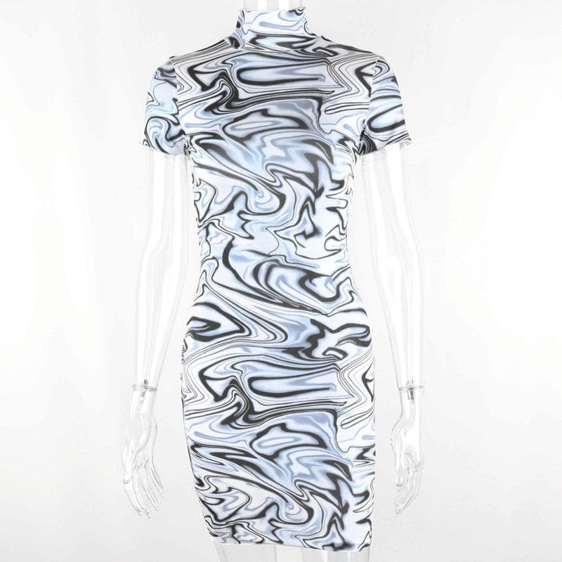 Mock Neck Short Sleeve Marble Print Bodycon Mini Dress