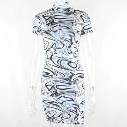 Mock Neck Short Sleeve Marble Print Bodycon Mini Dress