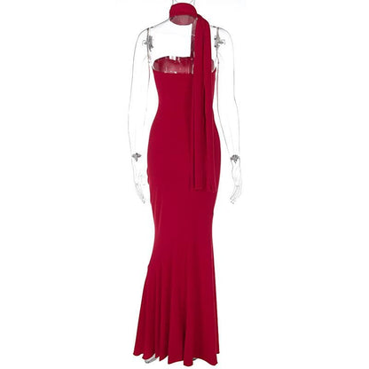 Strapless Tube Ruffle Hem Open Back Maxi Dress With Shawl