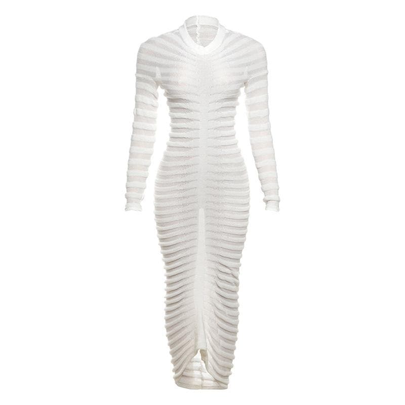 Mock Neck Long Sleeve Horizontal Ruched Rib Knit Bodycon Midi Dress