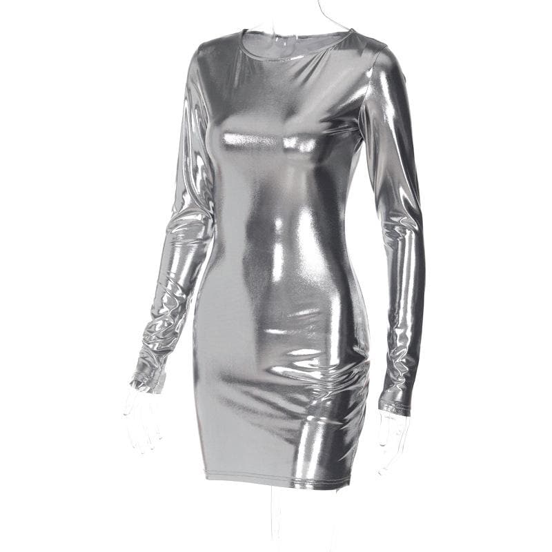 Metallic Round Neck Long Sleeve Bodycon Mini Dress