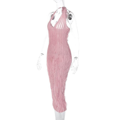 Halter U-Neck Lettuce Edge Ruffle Column Midi Dress