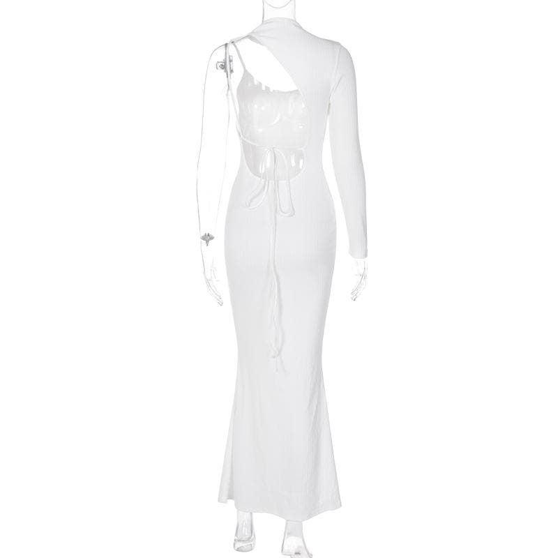Asymmetrical One Long Sleeve Cutout Mock Neck Ribbed Knit Maxi Dress