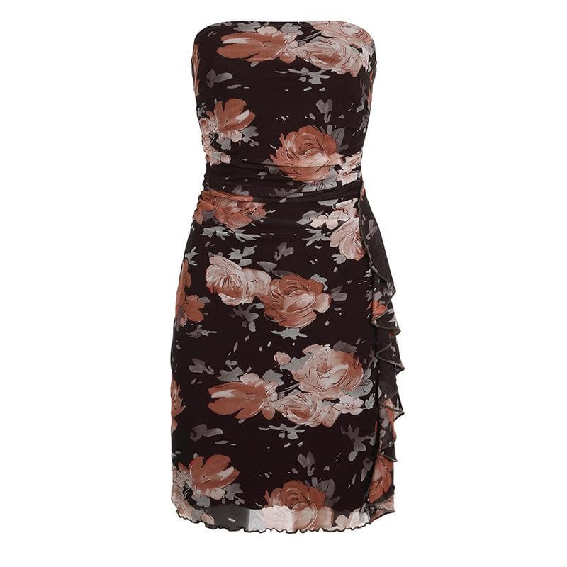 Strapless Floral Print Ruched Mesh Cascade Ruffle Mini Dress