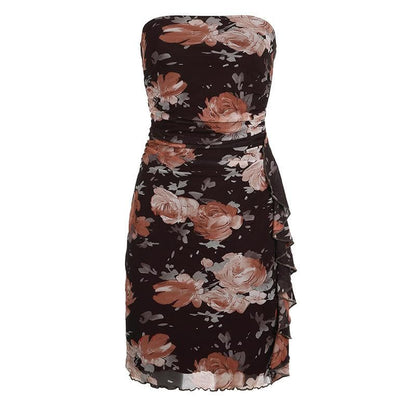 Strapless Floral Print Ruched Mesh Cascade Ruffle Mini Dress