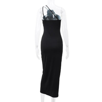 Flower Applique One Shoulder Ruched Maxi Dress