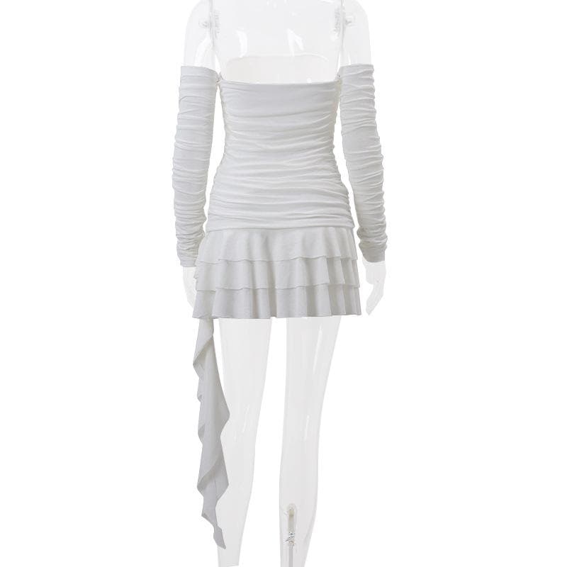 Off Shoulder Ruched Bow Tie Tiered Ruffle Cascade Hem Mini Dress