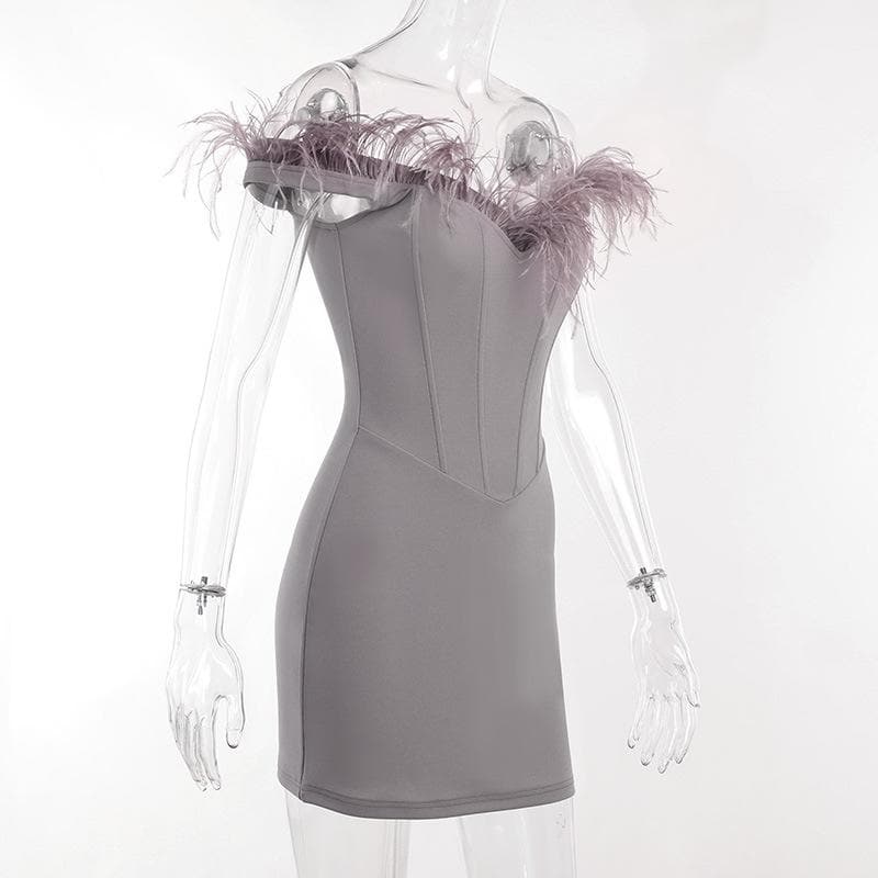 Off-Shoulder Feather Trim Corset Bodice Zip Back Bodycon Mini Dress
