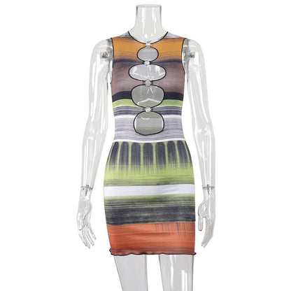 Contrast Print O-Ring Cutout Ruffle Round Neck Sleeveless Mini Dress