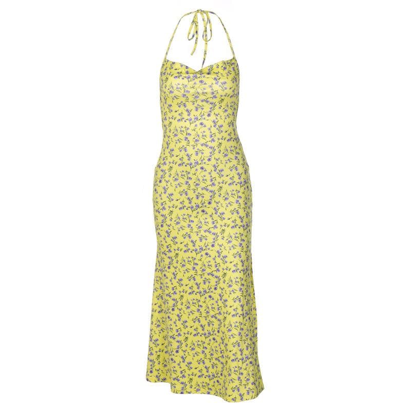 Halter Cowl Neck Ditsy Floral Print Bodycon Maxi Dress