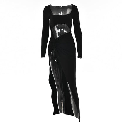 Square Neck Long Sleeve Diamond Cutout Ruched Waist Knotted Thigh Slit Midi Dress