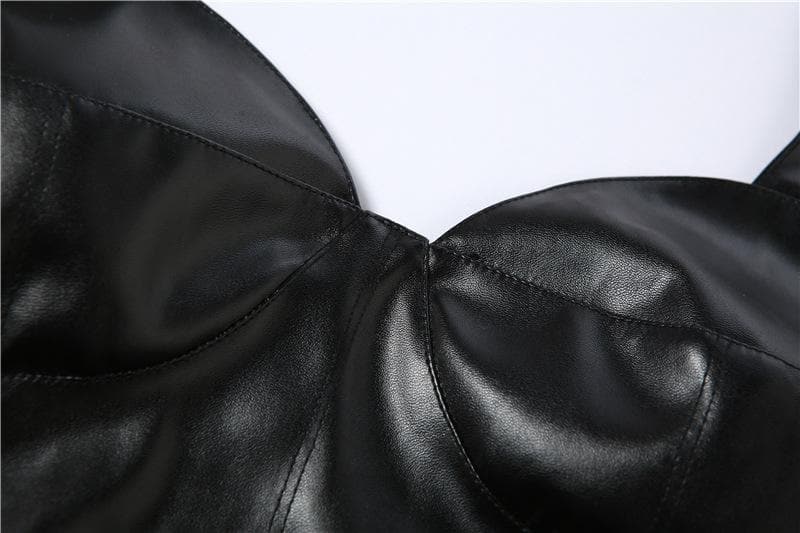 Halter Sweetheart Underwire Faux Leather Corset Top Slit Front Mini Skirt Set