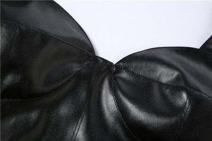 Halter Sweetheart Underwire Faux Leather Corset Top Slit Front Mini Skirt Set