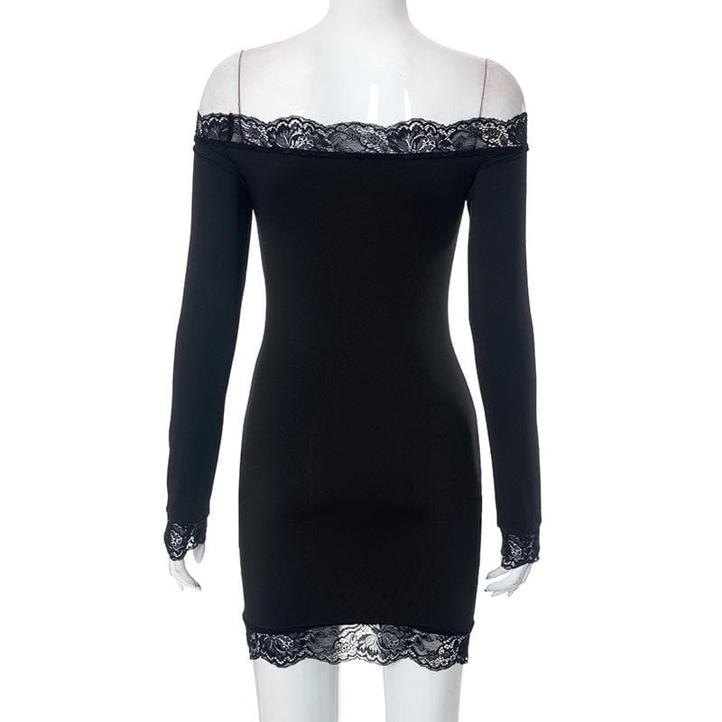 Off Shoulder Lace Trim Long Sleeve Bodycon Mini Dress