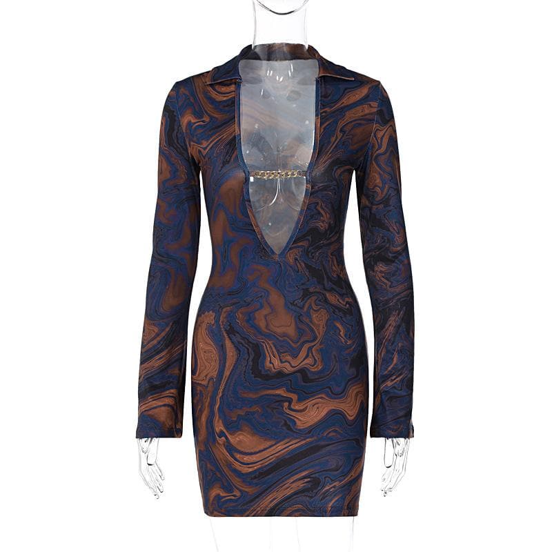 Pointed Collar Plunging V Neck Chain Link Marble Print Bodycon Mini Dress