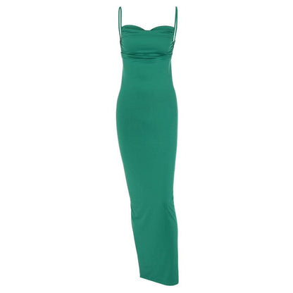 Spaghetti Strap Plunging Backless Ruched Bodycon Maxi Dress