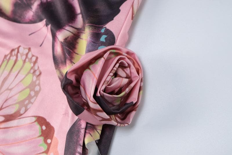 Butterfly Print Ruffle Ribbon Flower Applique Backless Maxi Dress