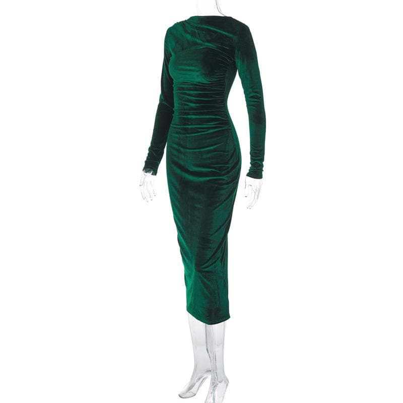 Crew Neck Ruched Velvet Long Sleeve Bodycon Midi Dress