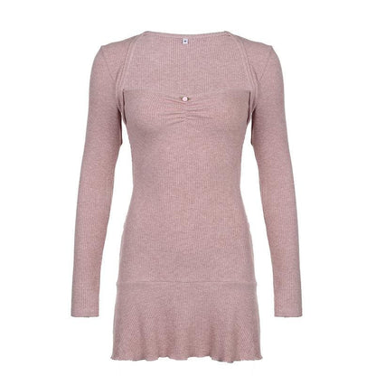 Sweetheart Neck Ribbed Knit Ruffle Shrug Long Sleeve Tube Mini Dress