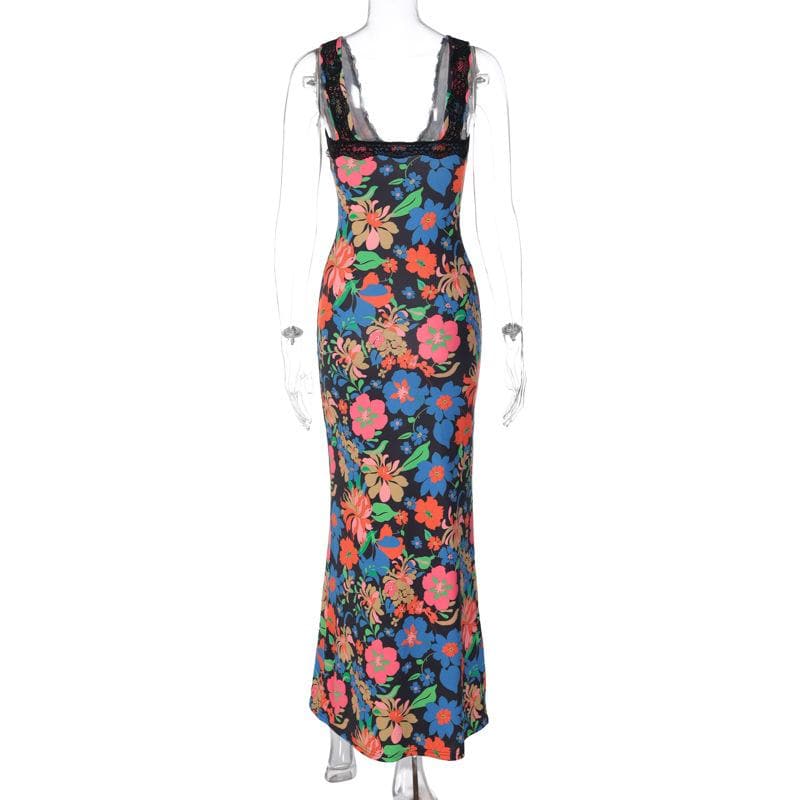 Lace Trim Tie Front Plunge V Neck Floral Maxi Dress