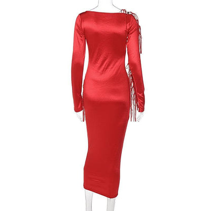 Boat Neck Long Sleeve Lace Up Cutout Tassel Satin Maxi Dress