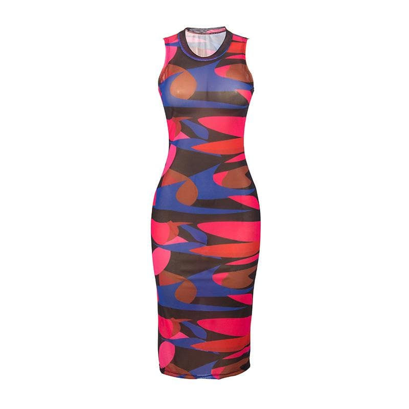 Round Neck Sleeveless Abstract Geometric Print Bodycon Midi Dress