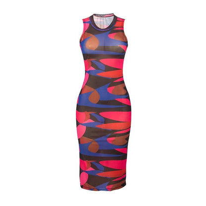 Round Neck Sleeveless Abstract Geometric Print Bodycon Midi Dress