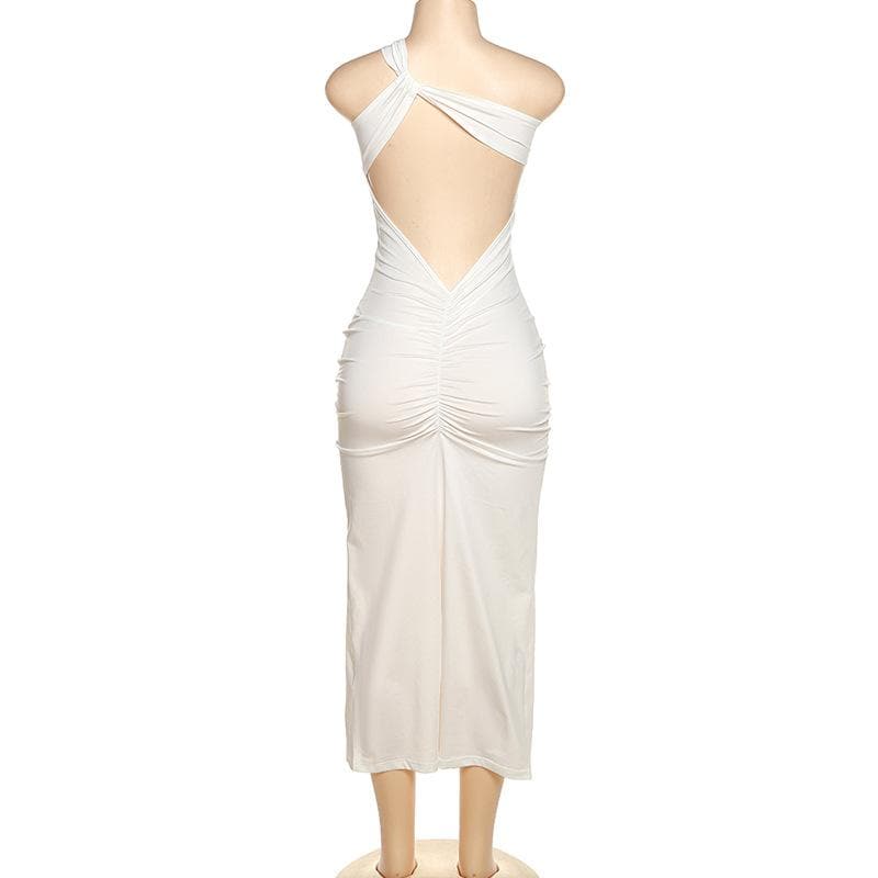 One Shoulder Twisted Knot Strap Ribbed Bodycon Maxi Dress