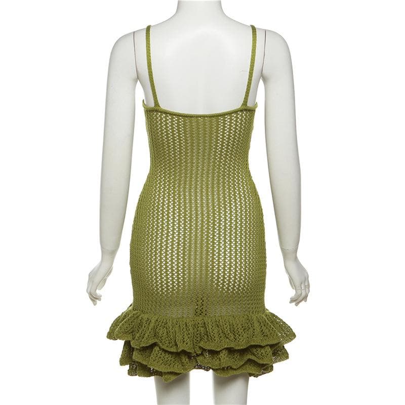 Spaghetti Strap V-Neck Crochet Pointelle Ruffle Lettuce Hem Mini Dress